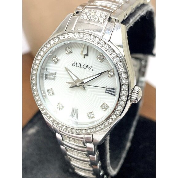 Bulova Women's Watch 96L311 Quartz Mother of Pearl Dial Gemmed Silver Steel 28mm